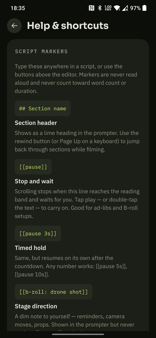 In-app help screen listing script marker syntax