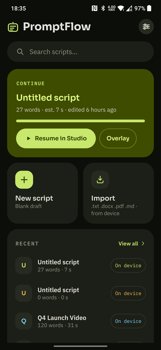 Script library with a continue card, new script and import options