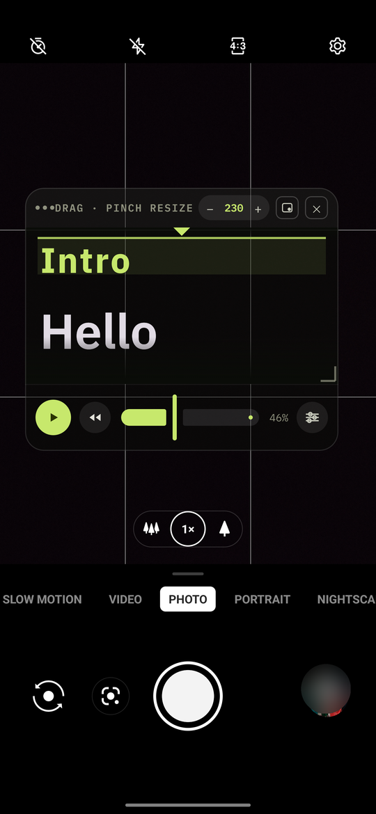 The floating prompter panel over a camera app