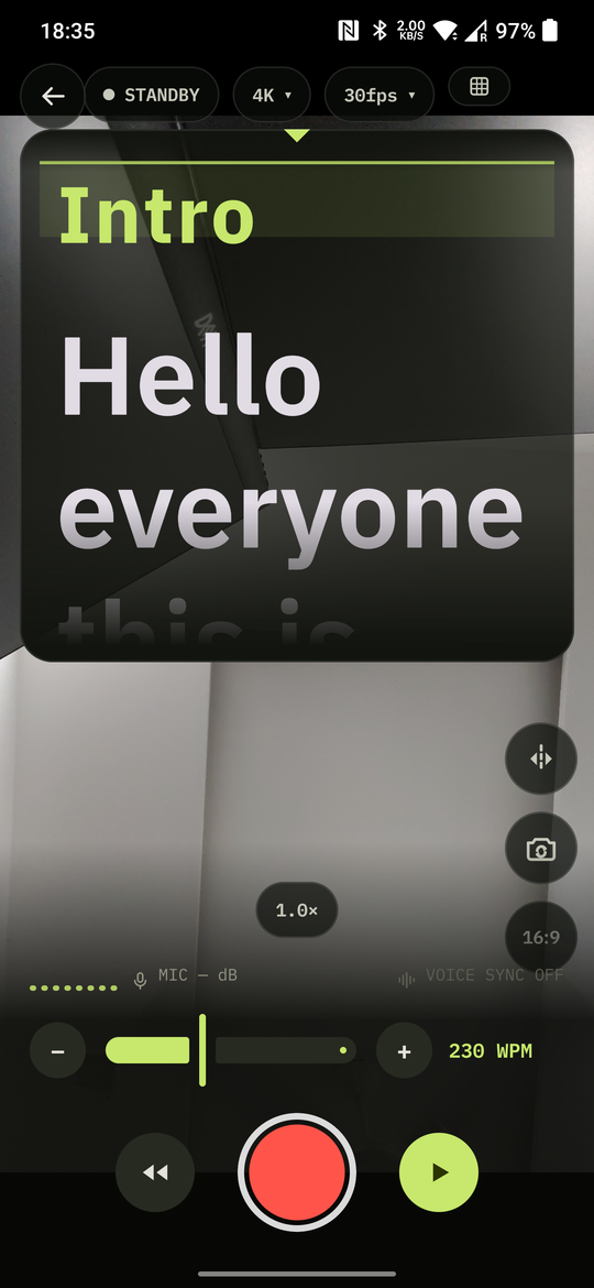 PromptFlow studio: a script scrolling over the camera viewfinder with recording controls